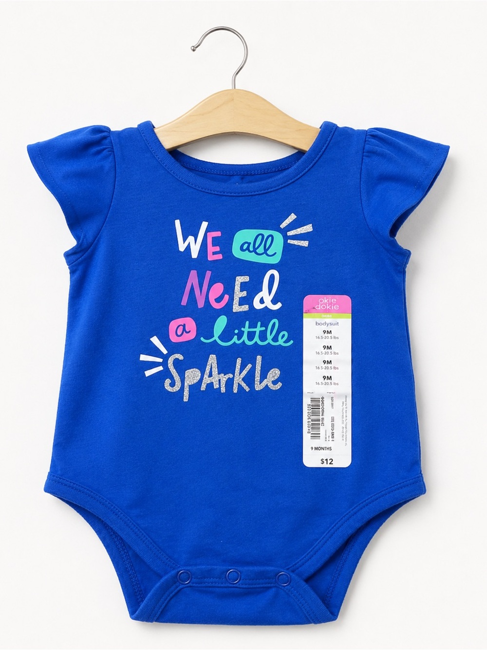Okie Dokie Girls Bodysuit Size 9 Months Blue Need A Little Sparkle NEW‎